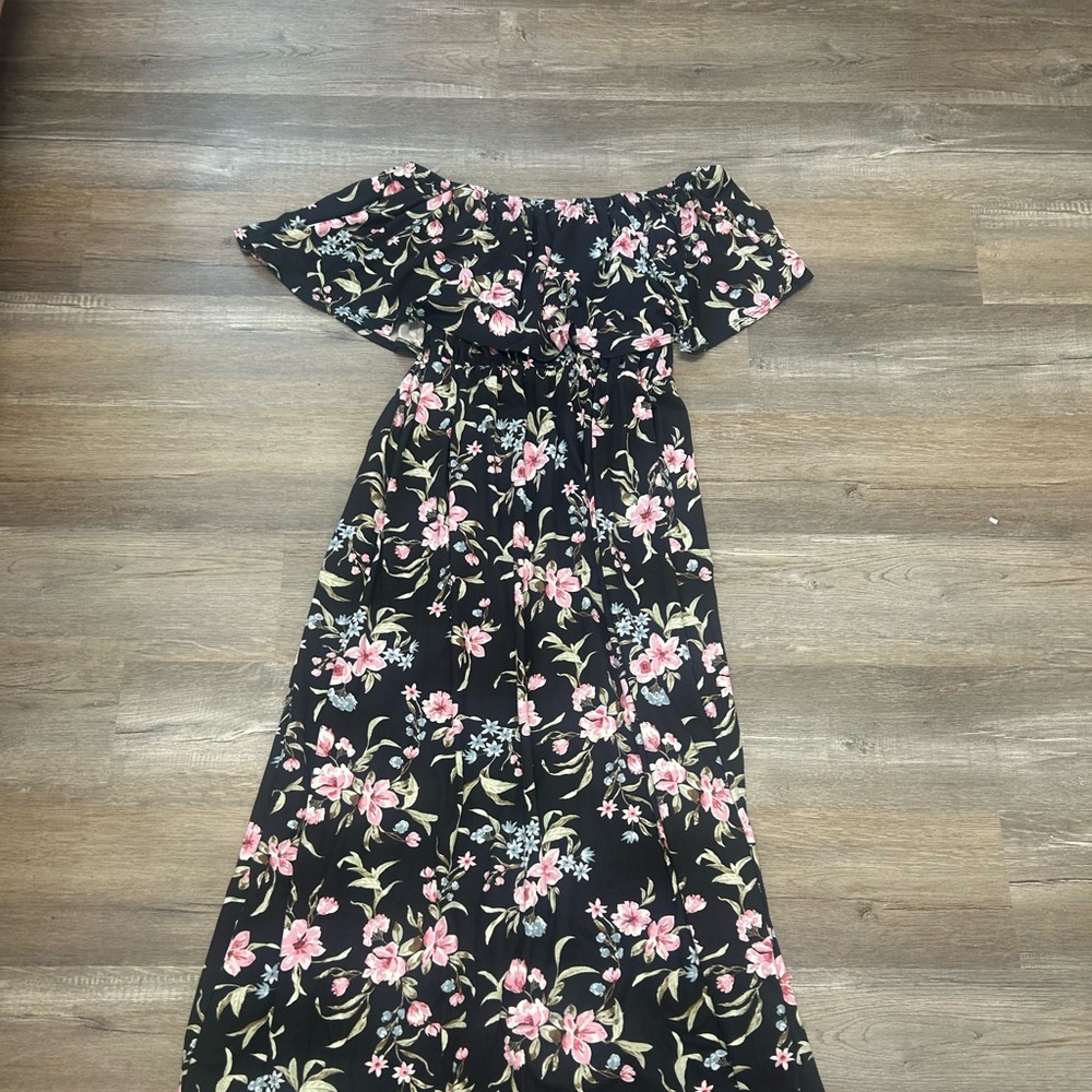 Celeste Black Floral Off-Shoulder Dress